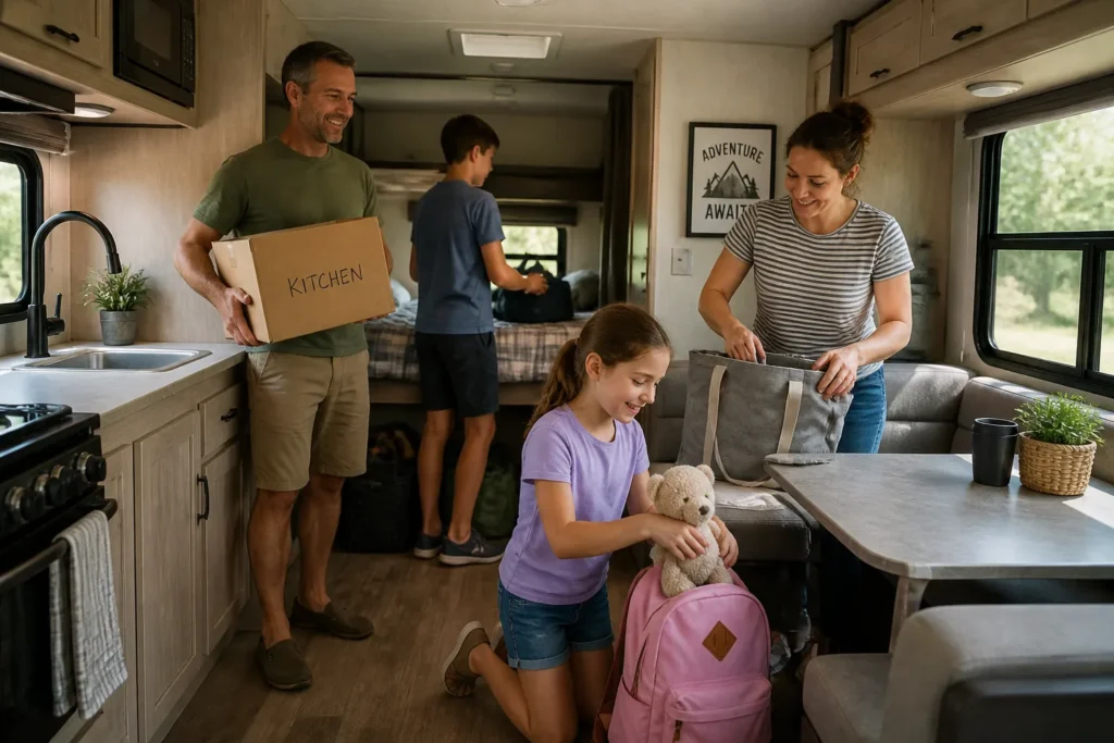 family unpacking camper interior