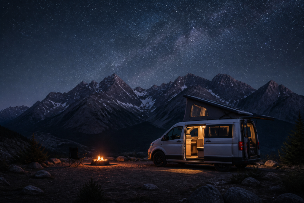 campervan parked mountains overnight