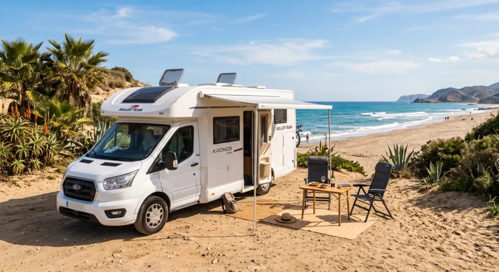 Kamper Roller Team Kronos 284M zaparkowany na plaży w Andaluzji.