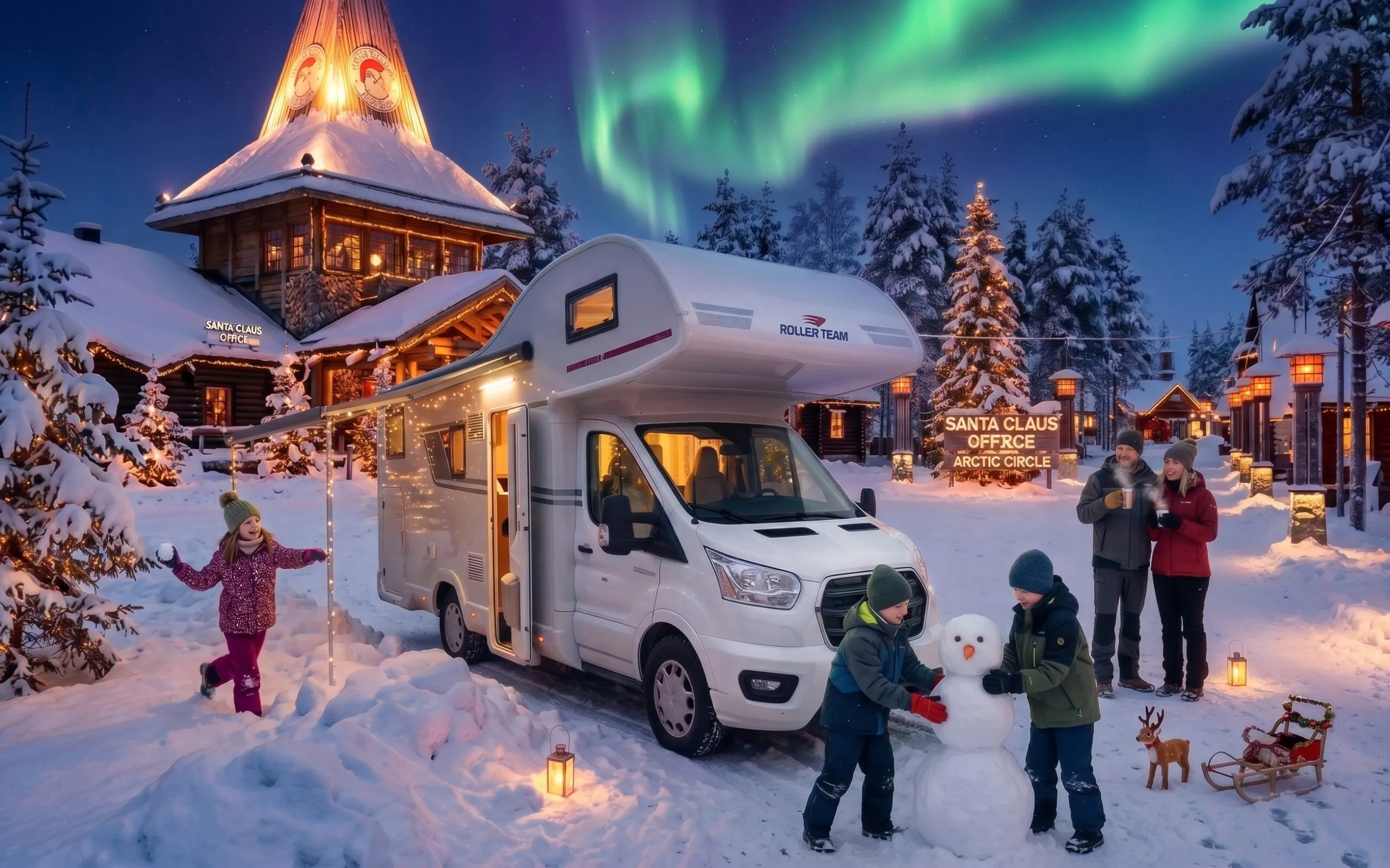 Zimowa wyprawa kamperem do Finlandii. Rodzina z dziećmi bawi się na śniegu przy kamperze Ford Transit Roller Team Kronos 284M na tle Wioski Świętego Mikołaja, pod niebem rozświetlonym zorzą polarną.