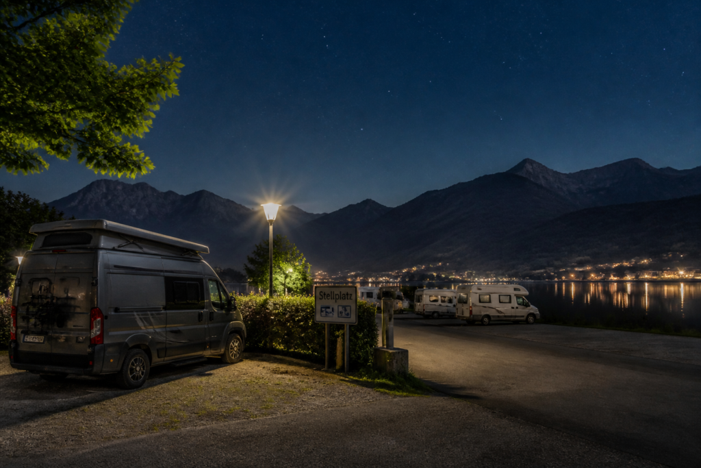 european campervan stellplatz night