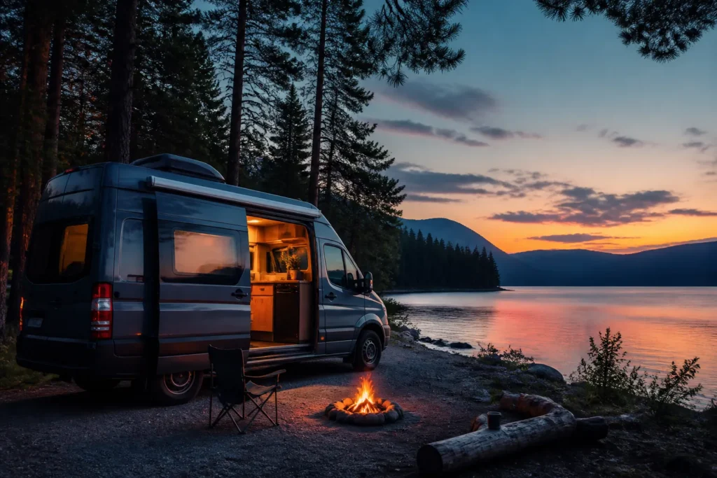campervan parked lakeside evening