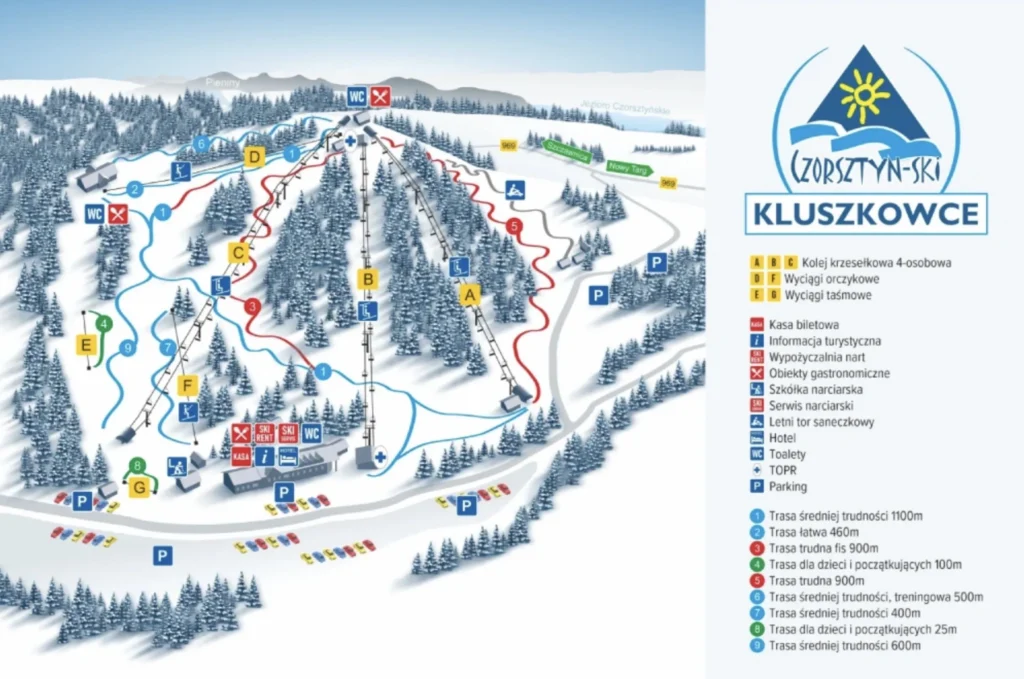 Mapa tras narciarskich i wyciągów w ośrodku Czorsztyn-Ski w Kluszkowcach. Doskonała lokalizacja na wyjazd kamperem na narty.